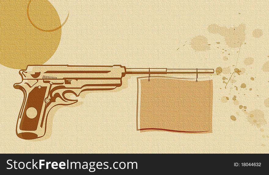 A handgun in vector overlay style on canvas with a flag extending from the barrel. A handgun in vector overlay style on canvas with a flag extending from the barrel.