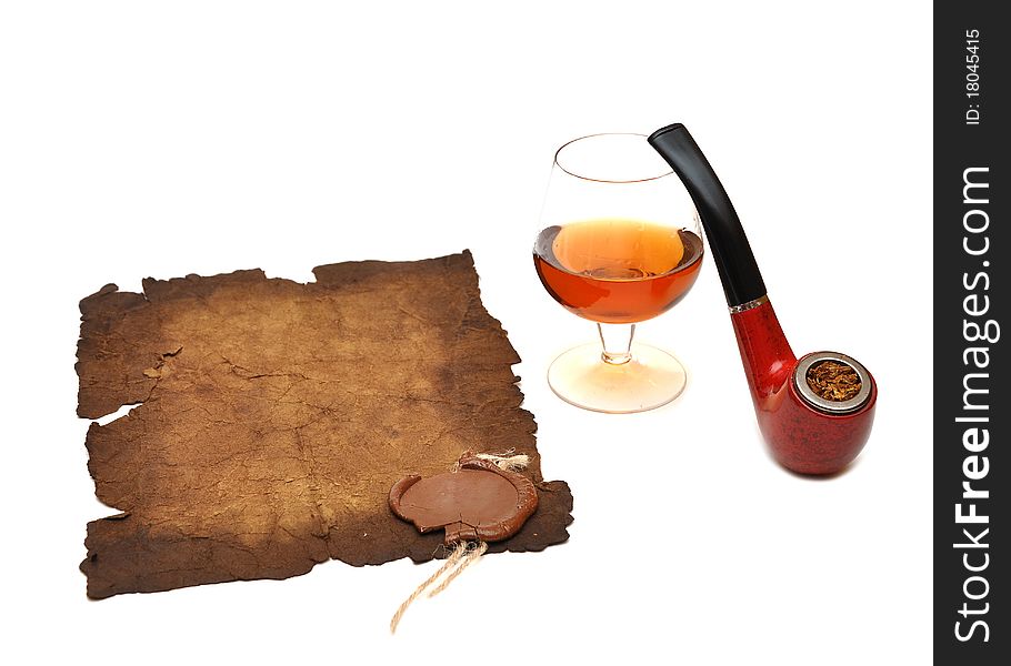 Old paper seal wax , pipe and glass of cognac