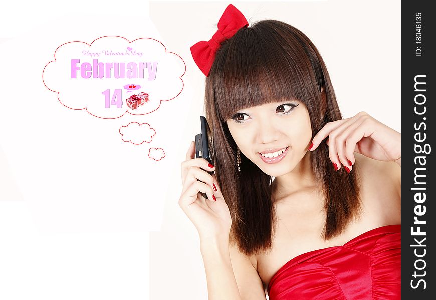 Beautiful Asian girl calling in Valentine's Day. Beautiful Asian girl calling in Valentine's Day.