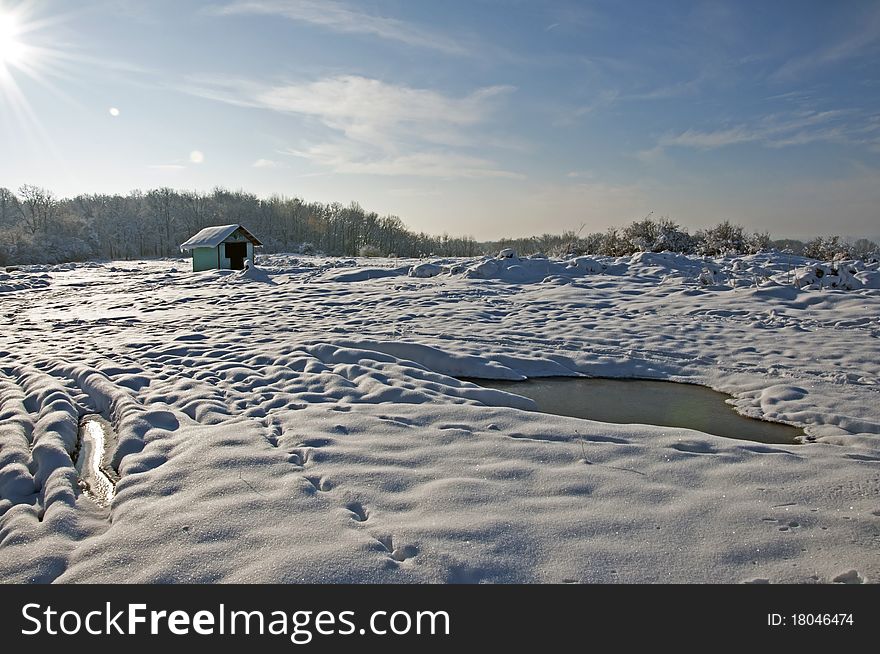 Small house near winter forest in winter sunny day