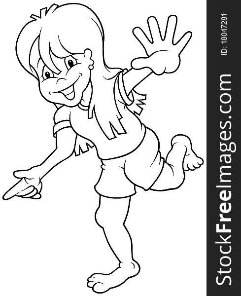 Young Girl - Black and White Cartoon illustration, Vector