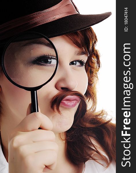 An image of a woman with magnifying glass