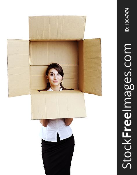 An image of young woman in a box. An image of young woman in a box