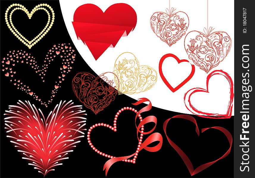 Set of twelve different hearts on a black and white background. Set of twelve different hearts on a black and white background