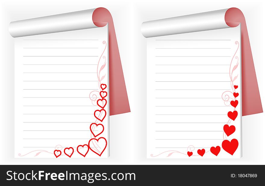 Two open notepad with red hearts and pink sprigs. Two open notepad with red hearts and pink sprigs