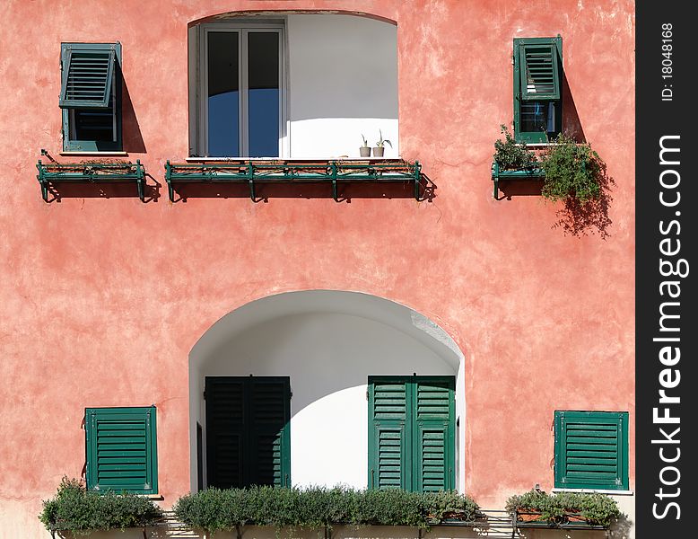 Overview of the facade of a house in Genoa to Camogli. Overview of the facade of a house in Genoa to Camogli