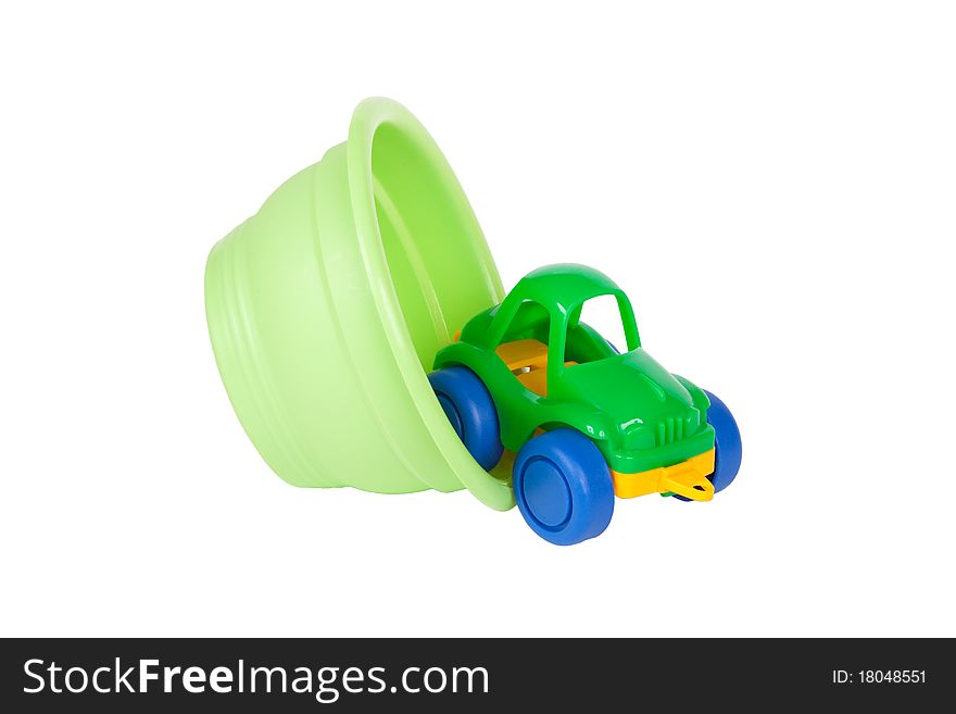 Compact model toy car, and flower pot. Compact model toy car, and flower pot