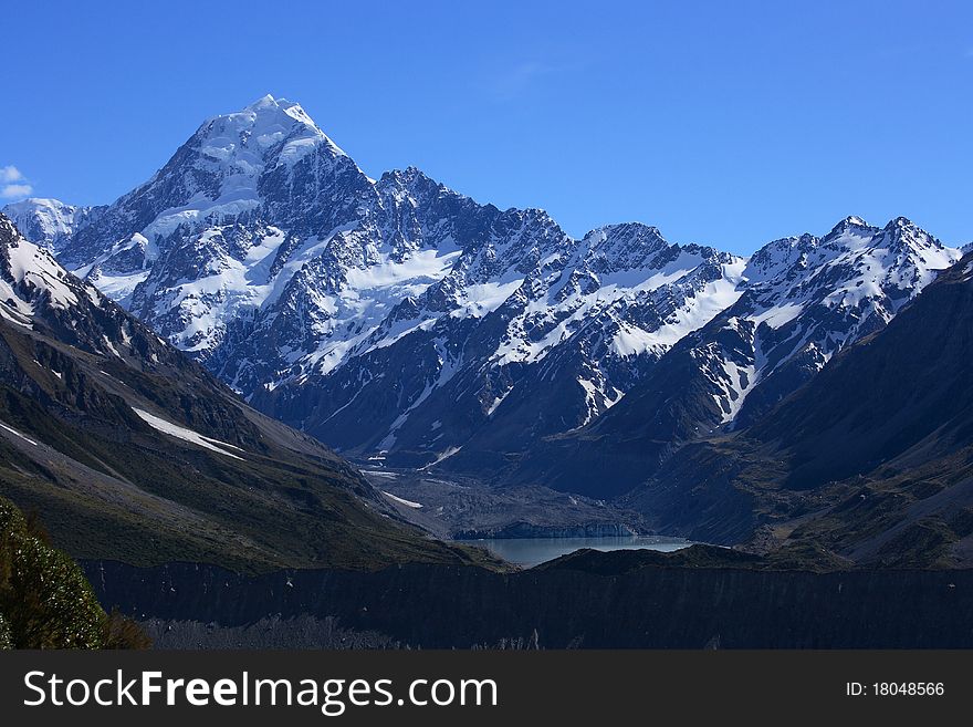 Looking up the Valley over the Lake and Glacier to Mount Cook,. Looking up the Valley over the Lake and Glacier to Mount Cook,