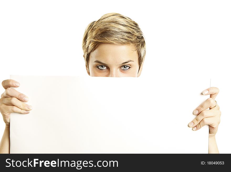 Beautiful woman holding a banner add isolated over a whtie background. Beautiful woman holding a banner add isolated over a whtie background