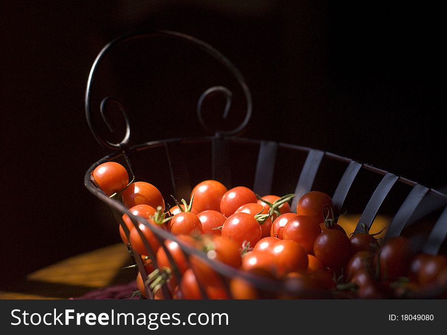 Cherry tomato basket in morning light