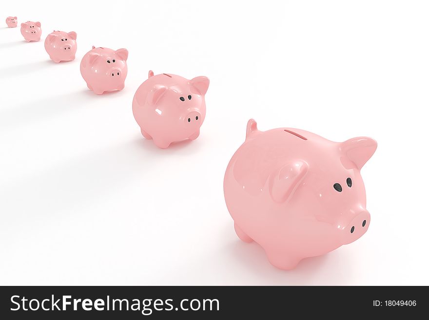 High quality 3d image of Piggy banks following the biggest one