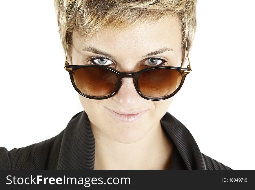 Girl fashion portrait with sunglasses on white