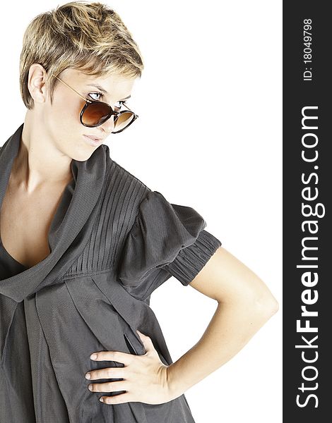 Girl fashion portrait with sunglasses on white background