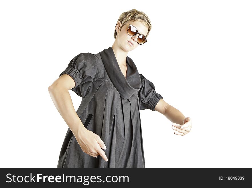 Girl fashion portrait with sunglasses on white background