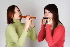 Two Girls Playing On Flute And Harp Royalty Free Stock Photo Two Girls Playing On Flute And Harp Royalty Free Stock Photo