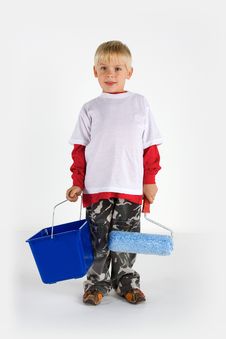 Little Worker With Paint Roller Royalty Free Stock Image