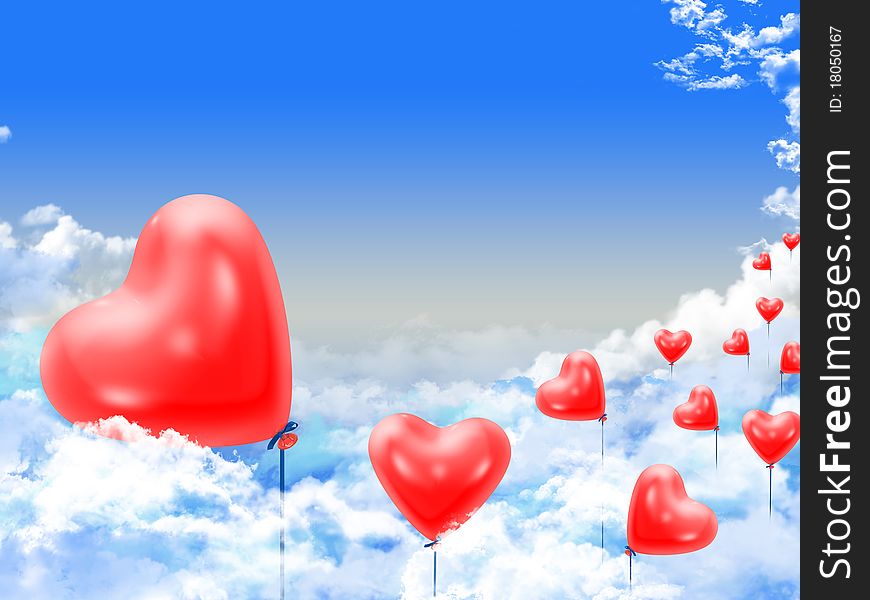 Hearts balloons over the clouds