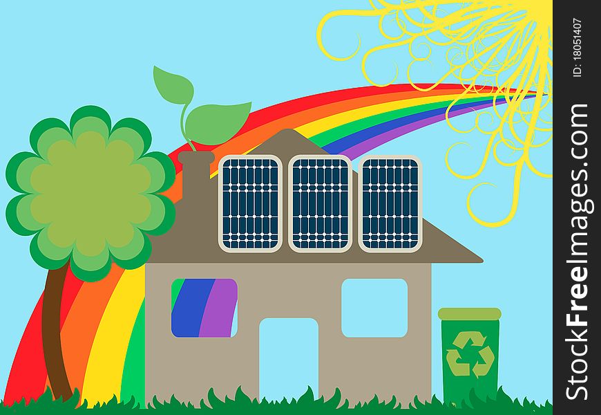 Concept of green house with rainbow ,sun and tree