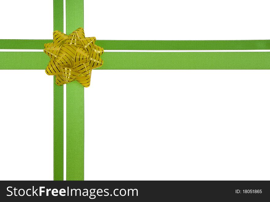 Green ribbon with yellow bow on gift. Green ribbon with yellow bow on gift