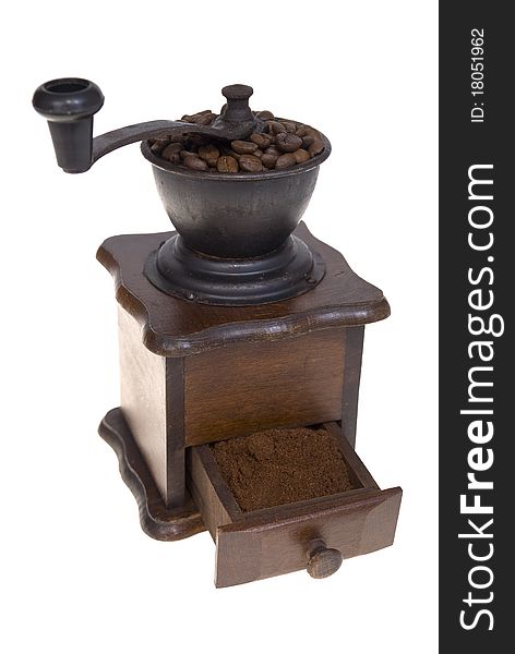 Grinder to milling coffee on white background. Grinder to milling coffee on white background