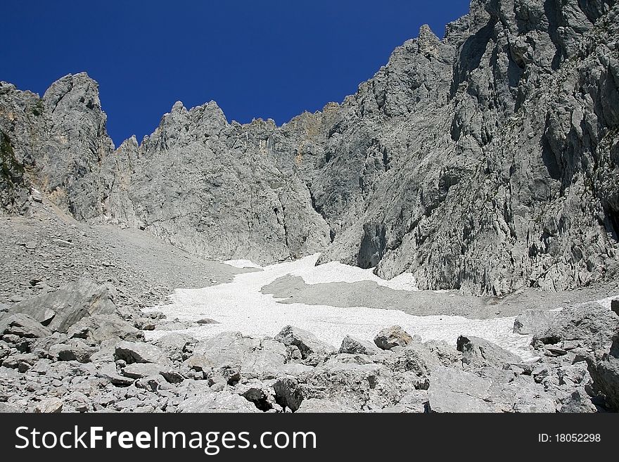 Rocky mountain landscape in Austria, blue sky