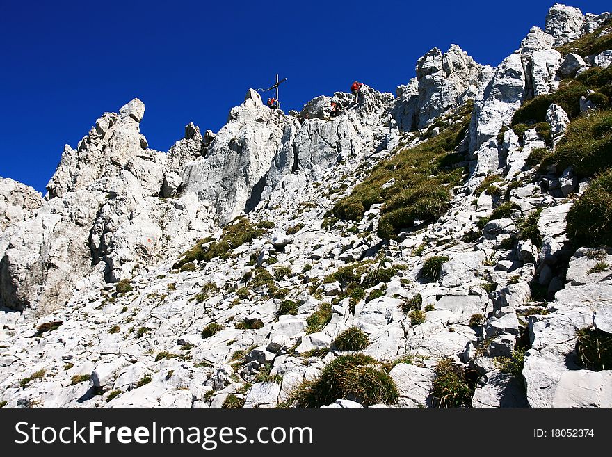 Summit of Goinger Halt in Tyrol, Austria, with blue sky