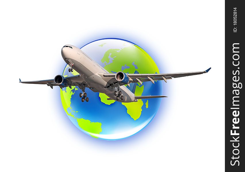 A large passenger plane against the globe on a white background. A large passenger plane against the globe on a white background