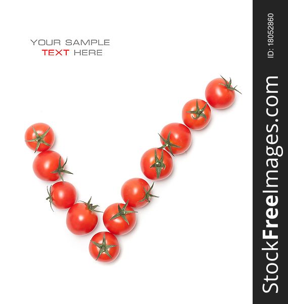 Ripe cherry tomatoes on a white background in a sign of OK. Ripe cherry tomatoes on a white background in a sign of OK