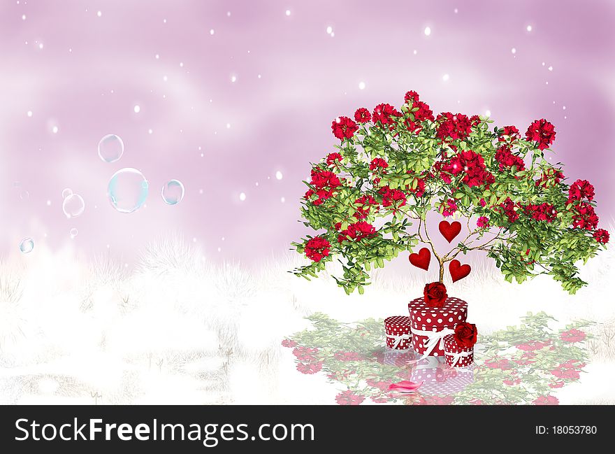 Romantic Rouses on a background red sky with snow