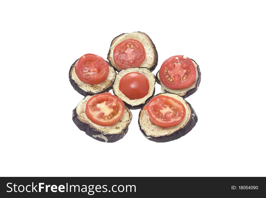 Fried eggplant with tomatoes and garlick sauce on a white background