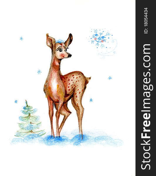 Baby drawing deer on white background