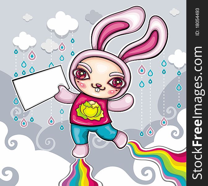 Vector illustration of the cute pink Rabbit superhero. Flying in the rainy sky on colorful rainbows, holding an Empty Space message