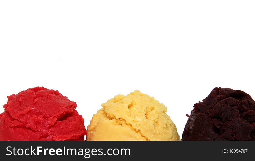 Three kind of ice cream scoops isoalated on white background