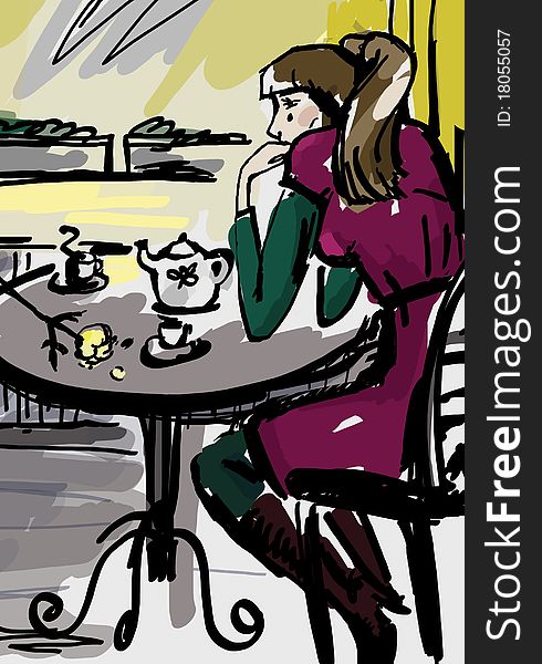 Sad girl sitting in cafe after quarrel with her lover. Sad girl sitting in cafe after quarrel with her lover.