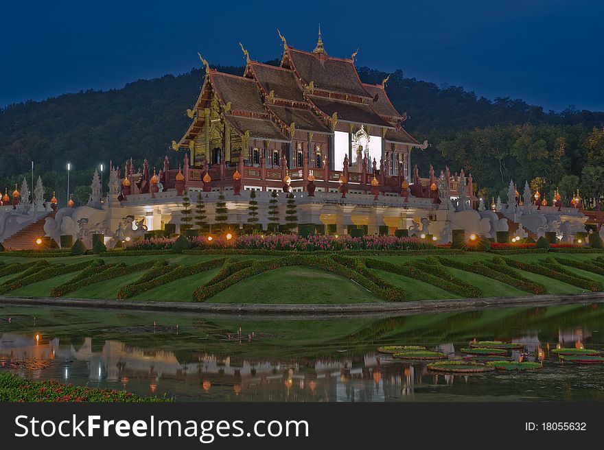 Northern Thai style architecture at night.