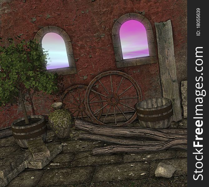 Magic window in a fantasy setting. 3D rendering of a fantasy theme for background usage.