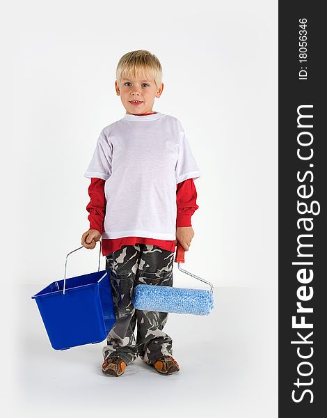 Little worker with paint roller and blue pail isolated on white