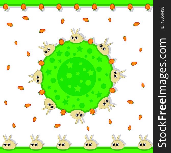 Rabbits are sitting on a green ball. Around the carrot fly. A set of insulated decorative items. Child. Toy. Rabbits are sitting on a green ball. Around the carrot fly. A set of insulated decorative items. Child. Toy.