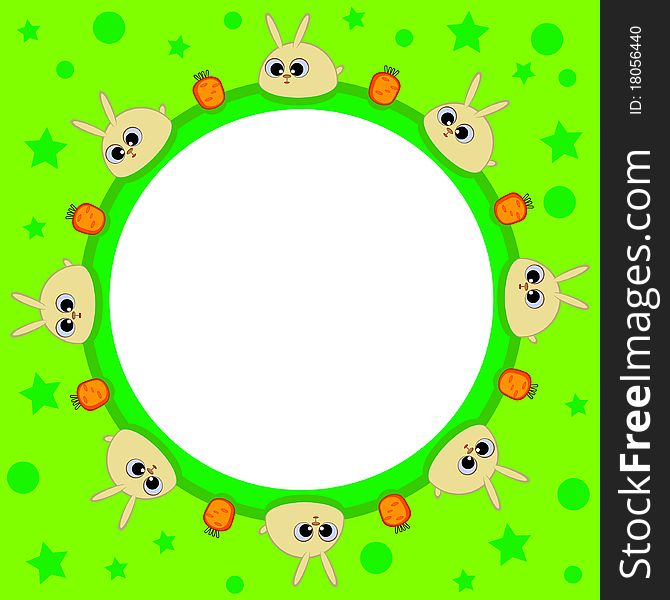 Within a round shape. Children. Green. Cute bunnies and carrots. Easter. Within a round shape. Children. Green. Cute bunnies and carrots. Easter.