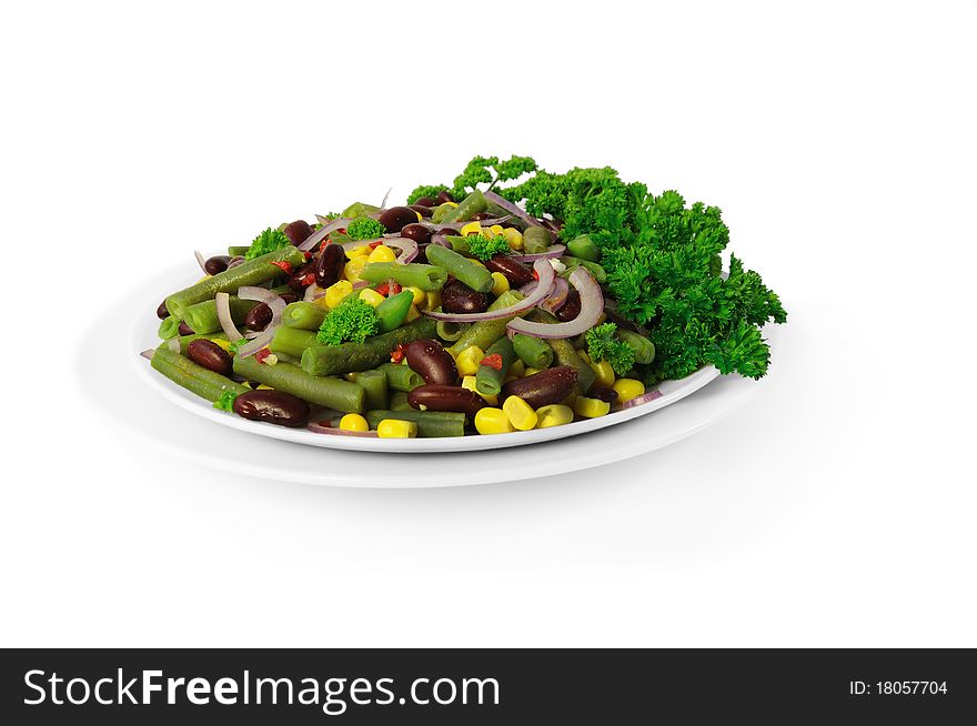 Salad of pods and red beans, corn, chili, onions