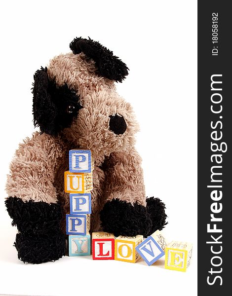 Stuffed Puppy dog with childrens blocks spelling puppy love. Stuffed Puppy dog with childrens blocks spelling puppy love.