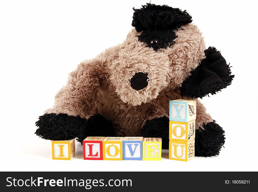 Stuffed Puppy dog with childrens blocks spelling I love you. Stuffed Puppy dog with childrens blocks spelling I love you.
