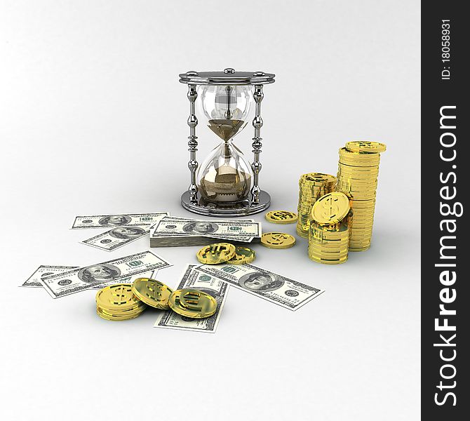 Timer with money and gold coins. Timer with money and gold coins