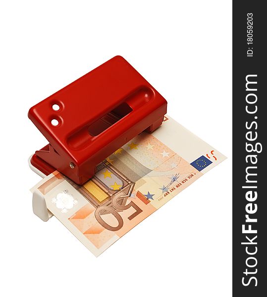 Red puncher and money (euro) on a white background (isolated). Red puncher and money (euro) on a white background (isolated).