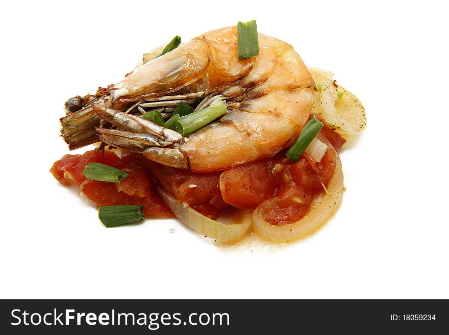 Cooked prawn with tomato sauce and onion