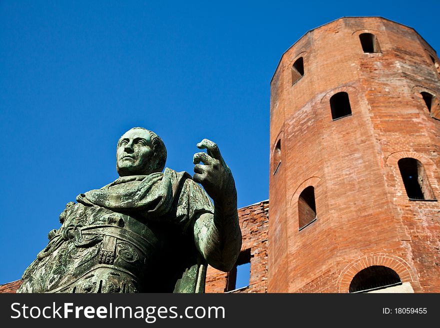 Statue of Cesare Augustus in Torino - Italy: concept of leadership. Statue of Cesare Augustus in Torino - Italy: concept of leadership