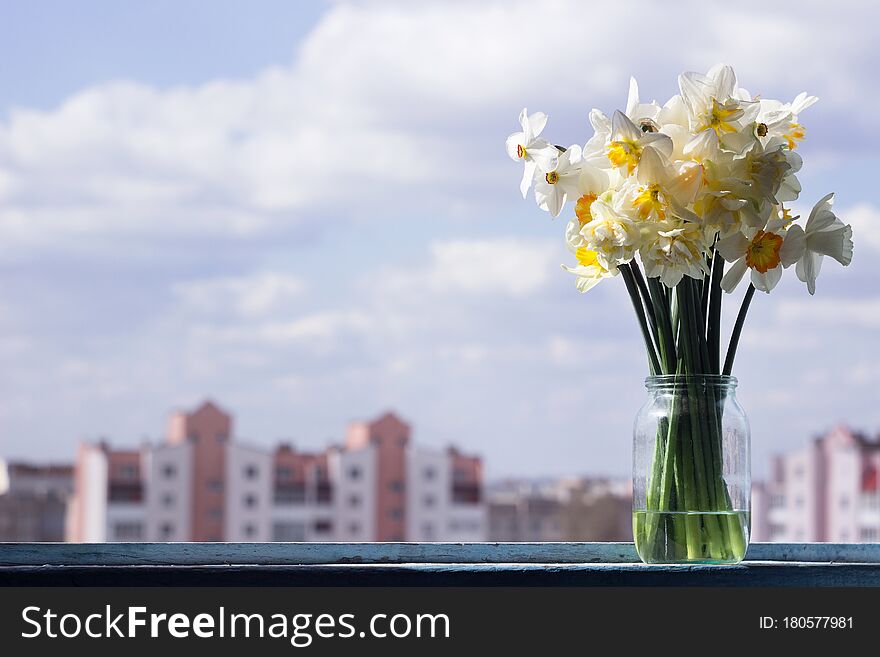 A bouquet of beautiful different daffodils in a glass jar stands on the windowsill of an open window. Spring flowers at home.