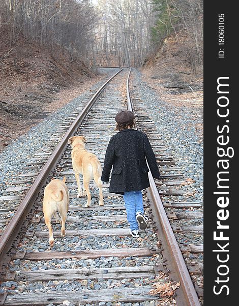 A child and her dogs walking on train tracks in the fall. A child and her dogs walking on train tracks in the fall.