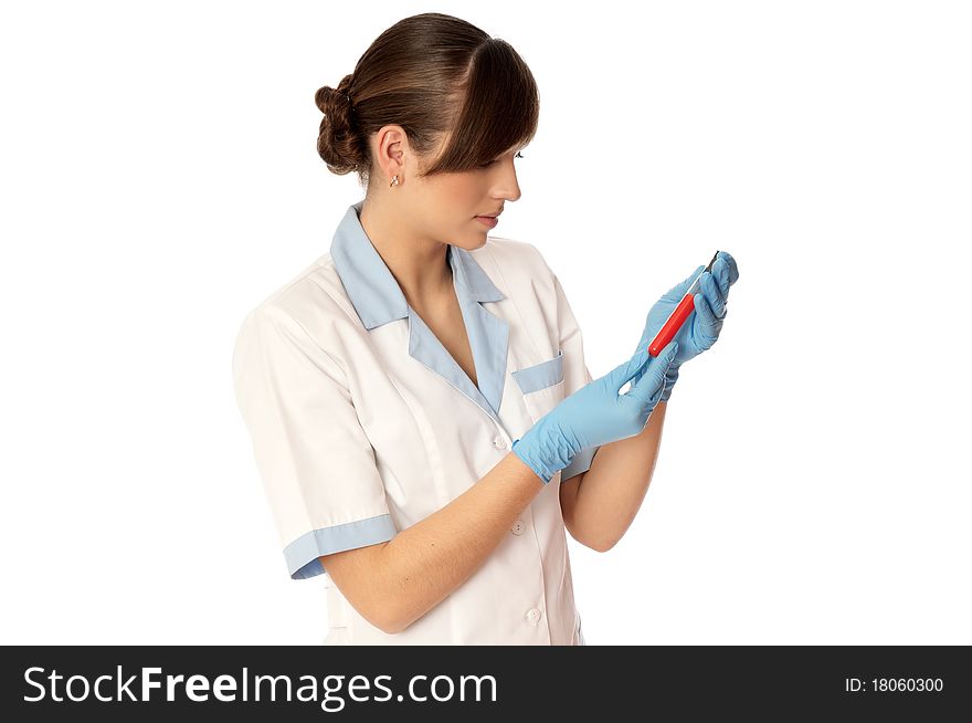 Doctor in blue gloves will be carry out research a samples of bloods at inhabitants of coast on availability of poisoning. Doctor in blue gloves will be carry out research a samples of bloods at inhabitants of coast on availability of poisoning