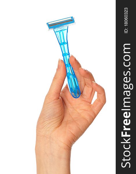 Woman holding a razor from a blue plastic for shaving legs